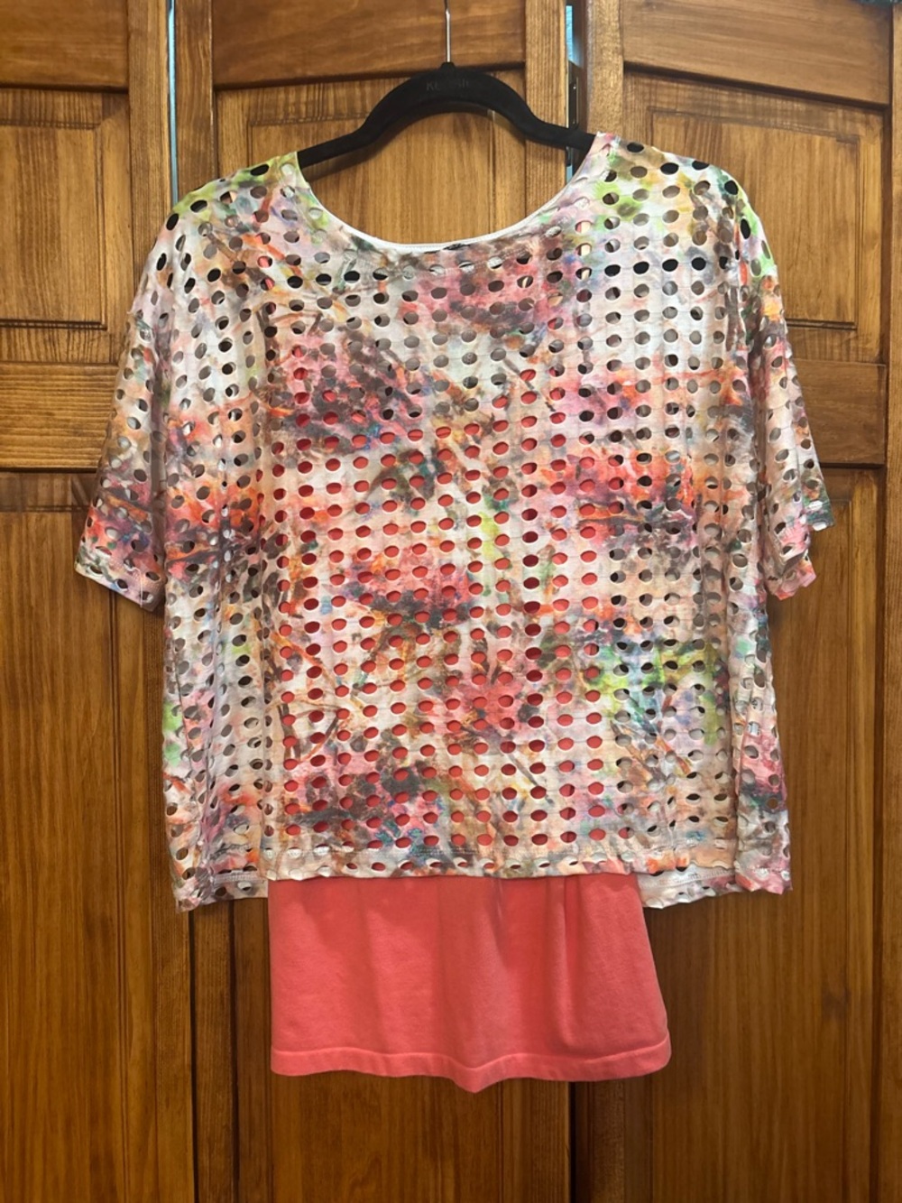 CHARLIE B Eyelet Layered Top with Multicolor Watercolor Print